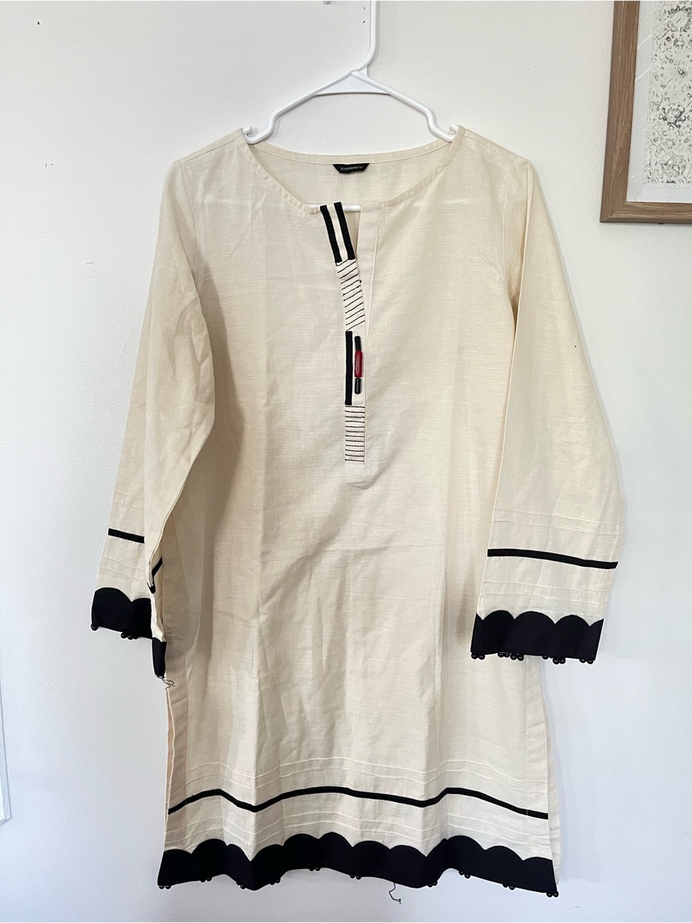 Cream kurta Tunic Dress with Black Trim